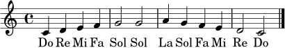 \relative c' {
\clef treble
\key c \major
\time 4/4
c4 d e f | g2 g | a4 g f e | d2 c | \bar "|."
}
\addlyrics { Do Re Mi Fa Sol Sol La Sol Fa Mi Re Do }