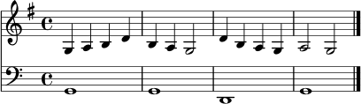 \version "2.22.0"
\score {
<<
\new Staff \relative c' { \time 4/4 \key g \major g4 a b d | b a g2 | d'4 b a g | a2 g2 \bar "|." }
\new Staff \relative c { \clef bass g1 | g1 | d1 | g1 \bar "|." }
>>
\layout {}
\midi {}
}
