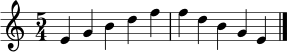 \relative c' {
\clef treble
\time 5/4
e4 g b d f | f d b g e | \bar "|."
}