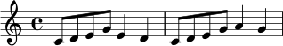 \relative c' {
\key c \major
\time 4/4
c8 d e g e4 d |
c8 d e g a4 g |
}
