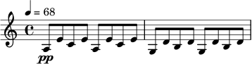 \relative c' {
\key a \minor
\time 4/4
\tempo 4 = 68
a8\pp e' c e a, e' c e |
g,8 d' b d g, d' b d |
}