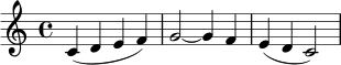 \relative c' {
\clef treble
\time 4/4
c4( d e f) | g2~ g4 f | e4( d c2) |
}