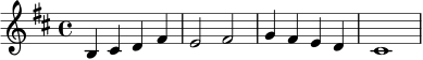 
\relative c' {
  \key b \minor
  \time 4/4
  b4 cis d fis | e2 fis |
  g4 fis e d | cis1 |
}
