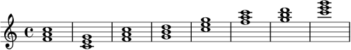 \relative c' {
\time 4/4
<f a c>1 |
<c e g>1 |
<f a c>1 |
<g b d>1 |
\key c \major
<c e g>1 |
<f a c>1 |
<g b d>1 |
<c e g>1
}