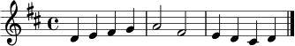 
\relative c' {
  \clef treble
  \key d \major
  \time 4/4
  d4 e fis g | a2 fis2 | e4 d cis d |
  \bar "|."
}
