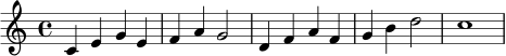 \relative c' {
\key c \major
\time 4/4
c4 e g e |
f4 a g2 |
d4 f a f |
g4 b d2 |
c1
}