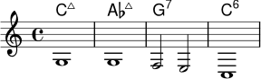 
<<
  \new ChordNames \chordmode {
    c1:maj7 aes1:maj7 g1:7 c1:6
  }
  \new Staff \relative c' {
    \key c \major
    \time 4/4
    g1 | g1 | f2 e2 | c1
  }
>>
