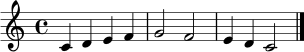 \relative c' { \clef treble \key c \major \time 4/4 c4 d e f | g2 f | e4 d c2 \bar "|." }