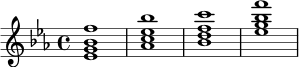 
\relative c' {
  \time 4/4
  \key ees \major
  <ees g bes f'>1 |
  <aes c ees bes'>1 |
  <bes d f c'>1 |
  <ees g bes f'>1
}
