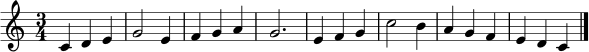 
\relative c' {
  \clef treble
  \key c \major
  \time 3/4
  c4 d e | g2 e4 | f4 g a | g2. |
  e4 f g | c2 b4 | a4 g f | e4 d c \bar "|."
}
