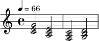 
\relative c' {
  \clef treble
  \key c \major
  \time 4/4
  \tempo 4 = 66
  <c e g>2 <a c e>2
  <f a c>2 <g b d>2
}
