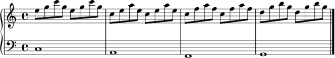 \version "2.18.2"
\score {
\new PianoStaff <<
\new Staff = "right" \relative c'' {
\clef treble
\key c \major
\time 4/4
e8 g c g e g c g |
c, e a e c e a e |
c f a f c f a f |
d g b g d g b g |
\bar "|."
}
\new Staff = "left" \relative c {
\clef bass
\key c \major
c1 |
a1 |
f1 |
g1 |
}
>>
\layout { }
\midi { \tempo 4 = 76 }
}