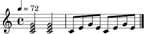 \relative c' {
\clef treble
\key c \major
\time 4/4
\tempo 4 = 72
<c e g>2 <c e g>2
c8 e g e c e g e
\bar "|."
}