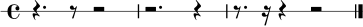 
\new RhythmicStaff {
  \time 4/4
  r4. r8 r2 |
  r2. r4 |
  r8. r16 r4 r2 |
  \bar "|."
}
