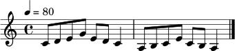 \relative c' {
\clef treble
\key c \major
\time 4/4
\tempo 4 = 80
c8 d e g e d c4
a8 b c e c b a4
\bar "|."
}