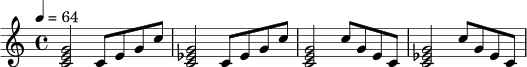 {
\clef treble
\time 4/4
\tempo 4 = 64
<c' e' g'>2 c'8 e' g' c''
<c' ees' g'>2 c'8 ees' g' c''
<c' e' g'>2 c''8 g' e' c'
<c' ees' g'>2 c''8 g' ees' c'
}