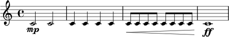 \relative c' {
\time 4/4
c2\mp c |
c4 c c c |
c8\< c c c c c c c |
c1\ff |
}