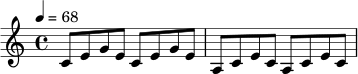 \relative c' {
\key c \major
\time 4/4
\tempo 4 = 68
c8 e g e c e g e |
a,8 c e c a c e c |
}