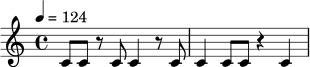 
\relative c' {
  \time 4/4
  \tempo 4 = 124
  c8 c r8 c8 c4 r8 c8 |
  c4 c8 c8 r4 c4 |
}
