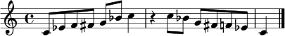 \relative c' { \key c \major \time 4/4 c8 ees f fis g bes c4 r c8 bes g fis f ees c4 \bar "|." }