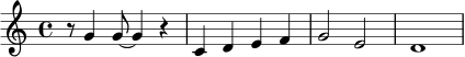 \relative c' {
\key c \major
\time 4/4
r8 g'4 g8~ g4 r4 |
c,4 d e f |
g2 e |
d1 |
}