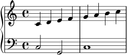 \version "2.24.0"
\paper { indent = 0\mm }
\header { tagline = ##f }
\score {
\new PianoStaff <<
\new Staff \relative c' {
\clef treble
\key c \major
\time 4/4
c4 d e f | g a b c |
}
\new Staff \relative c {
\clef bass
\key c \major
\time 4/4
c2 g | c1 |
}
>>
\layout { }
\midi { \tempo 4 = 76 }
}