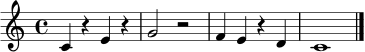 \relative c' {
\clef treble
\time 4/4
c4 r e r | g2 r2 | f4 e r d | c1 | \bar "|."
}