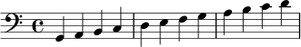 {
\clef bass
g,4 a, b, c | d e f g | a b c' d' |
}