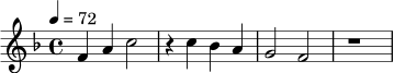 
\relative c' {
  \key f \major
  \time 4/4
  \tempo 4 = 72
  f4 a c2 |
  r4 c bes a |
  g2 f2 |
  r1 |
}
