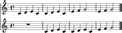 \version "2.24.0"
\score {
<<
\new Staff = "StimmeEins" \relative c' {
\clef treble
\key c \major
\time 4/4
c4 d e c | c d e c | e f g2 | e4 f g2 \bar "|."
}
\new Staff = "StimmeZwei" \relative c' {
\clef treble
\key c \major
\time 4/4
R1 | c4 d e c | c d e c | e f g2 \bar "|."
}
>>
\layout { }
\midi { \tempo 4 = 92 }
}