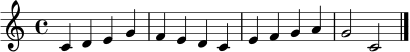 \relative c' { \time 4/4 \key c \major c4 d e g | f e d c | e f g a | g2 c,2 \bar "|." }