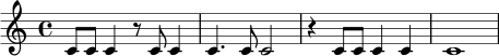 \relative c' { \time 4/4 c8 c c4 r8 c c4 | c4. c8 c2 | r4 c8 c c4 c | c1 | }