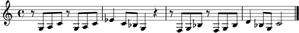 \relative c' { \set Staff.midiInstrument = "trumpet" \key c \major \time 4/4 r8 g a c r g a c | es4 c8 bes g4 r | r8 f g bes r f g bes | d4 bes8 g c2 \bar "|." }