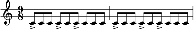 \relative c' {
\time 9/8
c8-> c c c-> c c-> c c c |
c8-> c c c-> c c-> c c c |
}