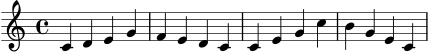 \score {
\new Staff \relative c' {
\clef treble
\time 4/4
c4 d e g | f e d c | c e g c | b g e c |
}
\layout { }
\midi { \tempo 4 = 76 }
}