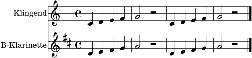 <<
\new Staff \with { instrumentName = "Klingend" midiInstrument = "flute" } \relative c' { \key c \major \time 4/4 c4 d e f | g2 r | c,4 d e f | g2 r \bar "|." }
\new Staff \with { instrumentName = "B-Klarinette" midiInstrument = "clarinet" } \relative d' { \key d \major \time 4/4 d4 e fis g | a2 r | d,4 e fis g | a2 r \bar "|." }
>>
