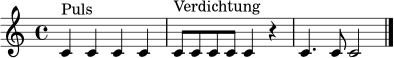 \relative c' {
\clef treble
\time 4/4
c4^\markup { "Puls" } c c c |
c8^\markup { "Verdichtung" } c c c c4 r |
c4. c8 c2 \bar "|."
}