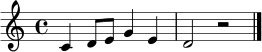 \relative c' {
\clef treble
\key c \major
\time 4/4
\repeat volta 2 { c4 d8 e g4 e | d2 r2 }
\bar "|."
}