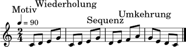 \relative c' {
\key c \major
\time 2/4
\tempo 4 = 90
\mark \markup { "Motiv" }
c8 d e g |
\mark \markup { "Wiederholung" }
c,8 d e g |
\mark \markup { "Sequenz" }
d8 e f a |
\mark \markup { "Umkehrung" }
g8 e d c \bar "|."
}