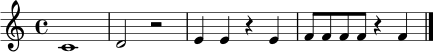 \relative c' { \clef treble \time 4/4 c1 | d2 r2 | e4 e r4 e | f8 f f f r4 f \bar "|." }