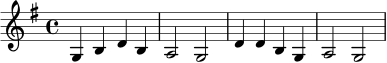 \relative c' {
\key g \major
\time 4/4
g4 b d b | a2 g | d'4 d b g | a2 g |
}
