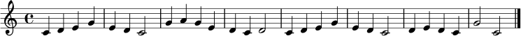 \relative c' {
\clef treble
\key c \major
\time 4/4
c4 d e g | e d c2 | g'4 a g e | d c d2 |
c4 d e g | e d c2 | d4 e d c | g'2 c,2 \bar "|."
}