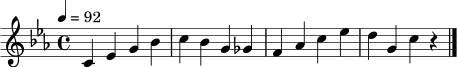 \relative c' { \set Staff.midiInstrument = "acoustic bass" \time 4/4 \key c \minor \tempo 4 = 92 c4 ees g bes | c bes g ges | f aes c ees | d g, c r \bar "|." }