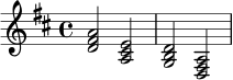 \relative c' {
\key d \major
\time 4/4
<d fis a>2 <a cis e>2 |
<g b d>2 <d fis a>2 |
}