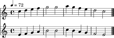 <<
\new Staff \relative c'' {
\clef treble
\time 4/4
\tempo 4=72
c4 d e f | g2 g | a4 g f e | d2 c \bar "|."
}
\new Staff \relative c' {
\clef treble
\time 4/4
e4 f g a | b2 b | c4 b a g | f2 e \bar "|."
}
>>