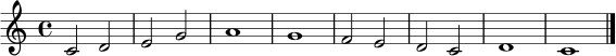 \relative c' { \clef treble \key c \major \time 4/4 c2 d | e g | a1 | g1 | f2 e | d c | d1 | c1 \bar "|." }