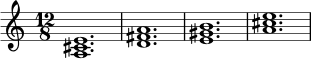 \relative c' {
\time 12/8
<a cis e>1. |
<d fis a>1. |
<e gis b>1. |
<a cis e>1. |
}