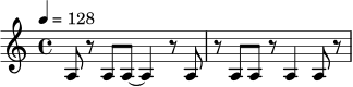 \relative c' {
\time 4/4
\tempo 4 = 128
a8 r a a~ a4 r8 a |
r8 a a r a4 a8 r |
}