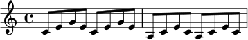 
\relative c' {
  \key c \major
  \time 4/4
  c8 e g e c e g e |
  a,8 c e c a c e c |
}

