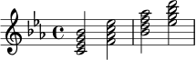 \relative c' {
\key c \minor
\time 4/4
<c ees g bes>2 <f aes c ees> |
<bes d f aes>2 <ees g bes d> |
}